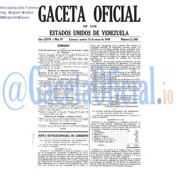 Gaceta Oficial 21908 del 15 Enero 1946