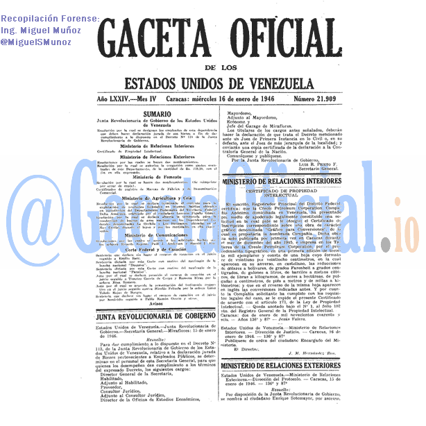 Gaceta Oficial 21909 del 16 Enero 1946