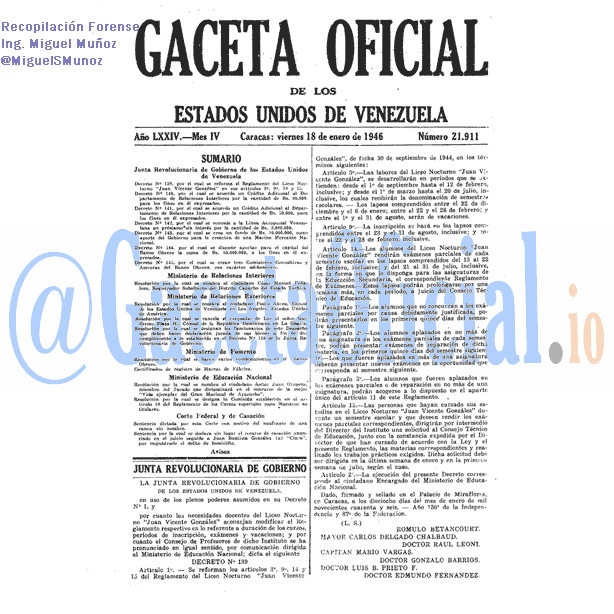 Gaceta Oficial 21911 del 18 Enero 1946