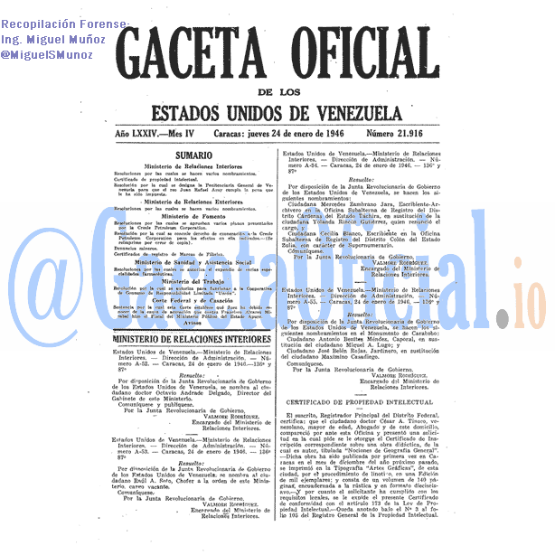 Gaceta Oficial 21916 del 24 Enero 1946