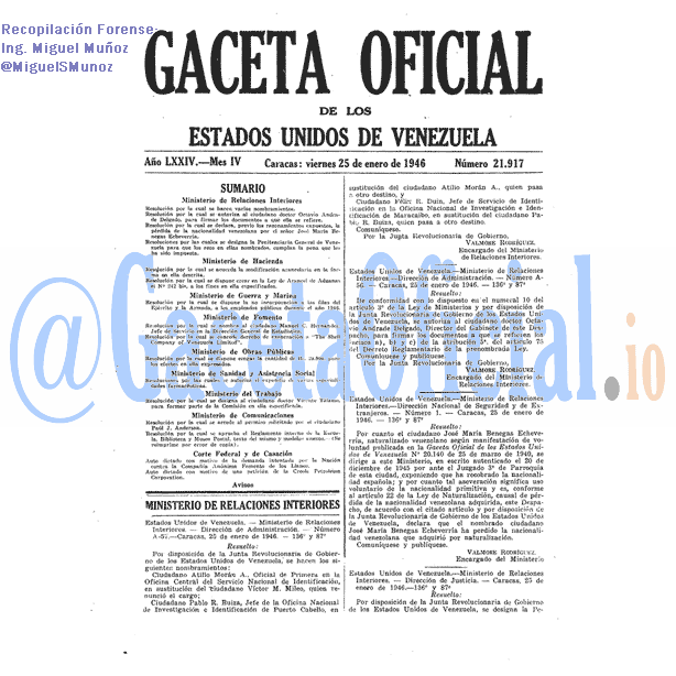 Gaceta Oficial 21917 del 25 Enero 1946