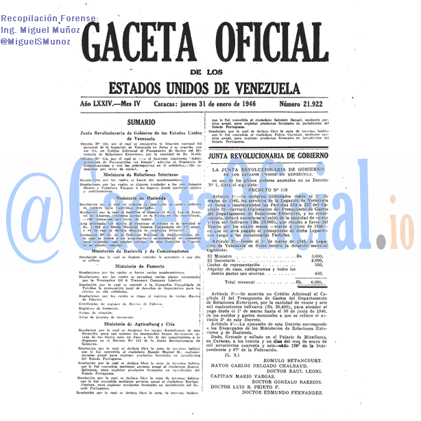 Gaceta Oficial 21922 del 31 Enero 1946
