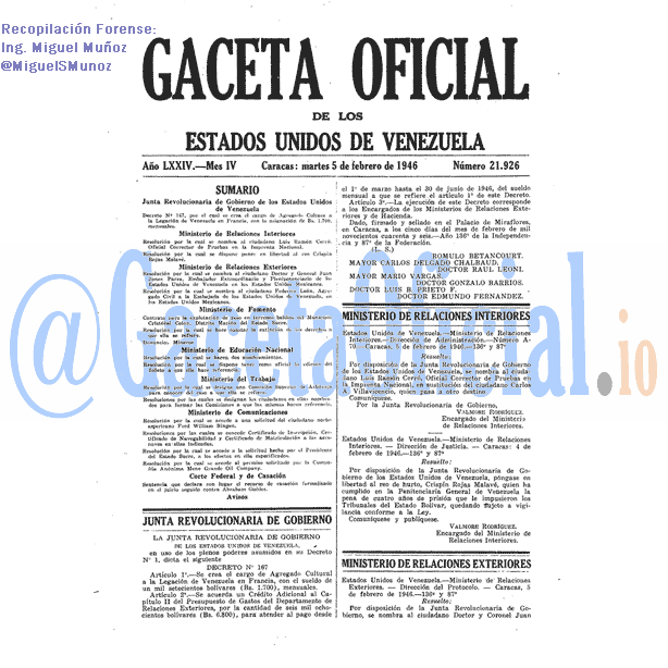 Gaceta Oficial 21926 del 5 Febrero 1946