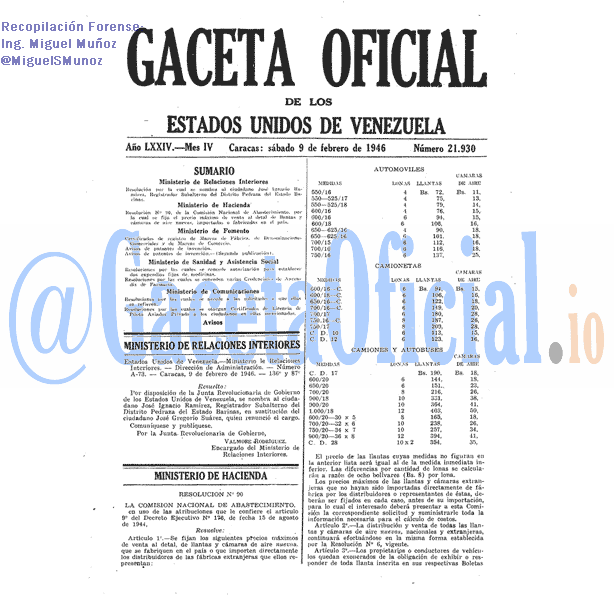 Gaceta Oficial 21930 del 9 Febrero 1946
