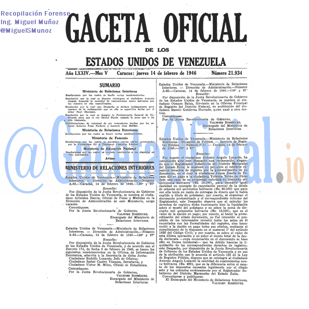 Gaceta Oficial 21934 del 14 Febrero 1946