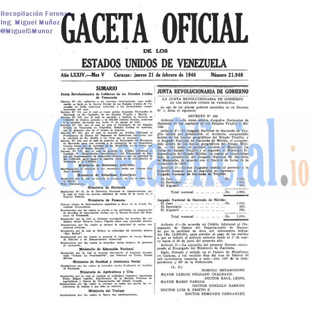 Gaceta Oficial 21940 del 21 Febrero 1946