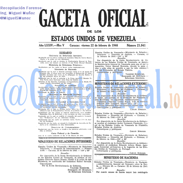 Gaceta Oficial 21941 del 22 Febrero 1946