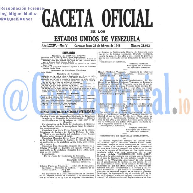 Gaceta Oficial 21943 del 25 Febrero 1946