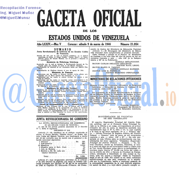 Gaceta Oficial 21954 del 9 Marzo 1946