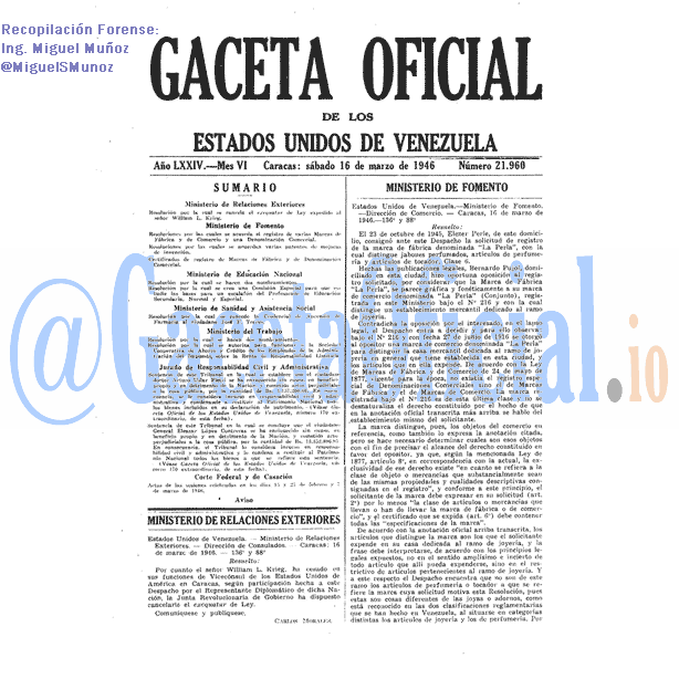 Gaceta Oficial 21960 del 16 Marzo 1946
