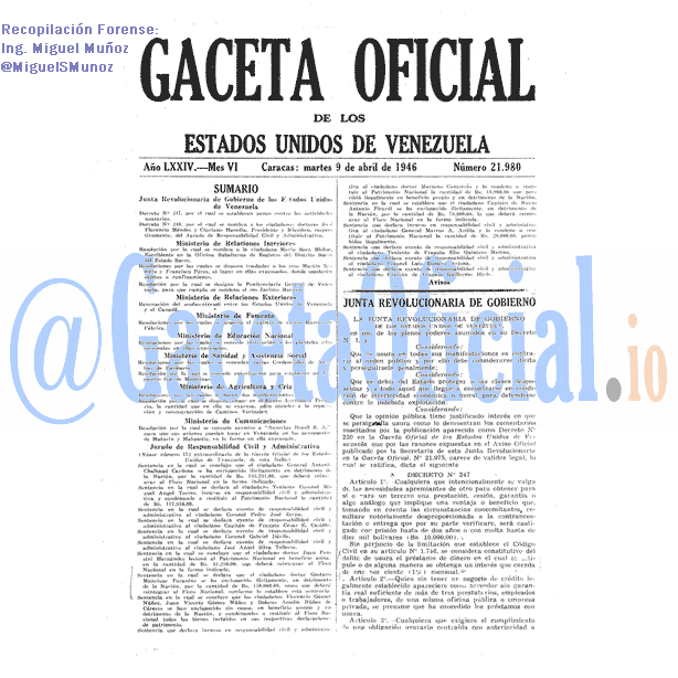 Gaceta Oficial 21980 del 9 Abril 1946
