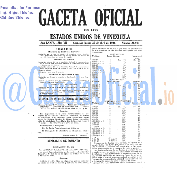 Gaceta Oficial 21991 del 25 Abril 1946