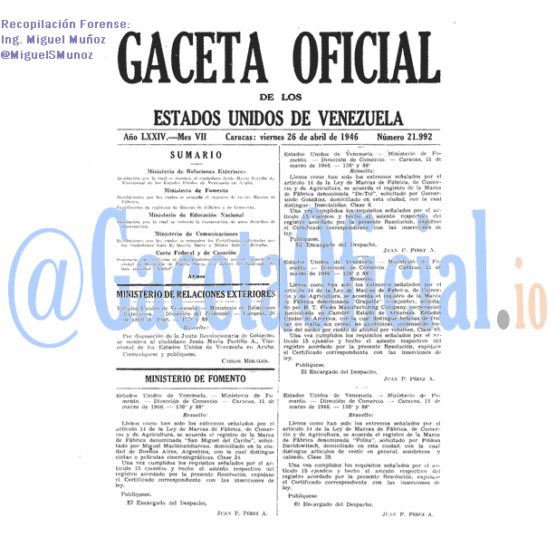 Gaceta Oficial 21992 del 26 Abril 1946