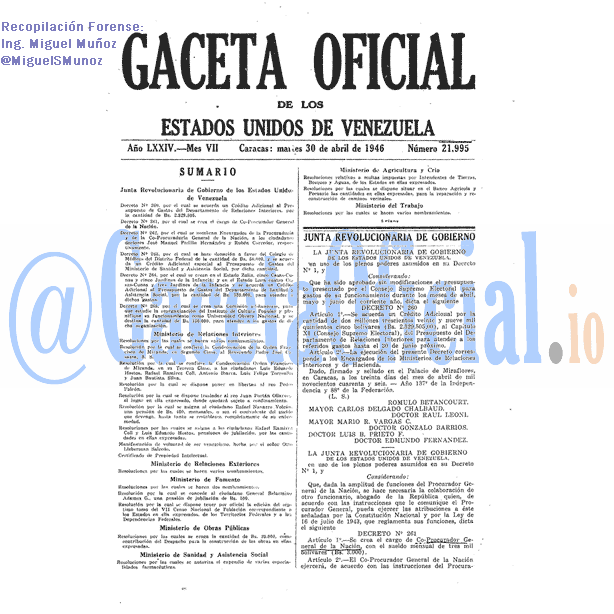 Gaceta Oficial 21995 del 30 Abril 1946