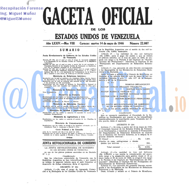 Gaceta Oficial 22007 del 14 Mayo 1946