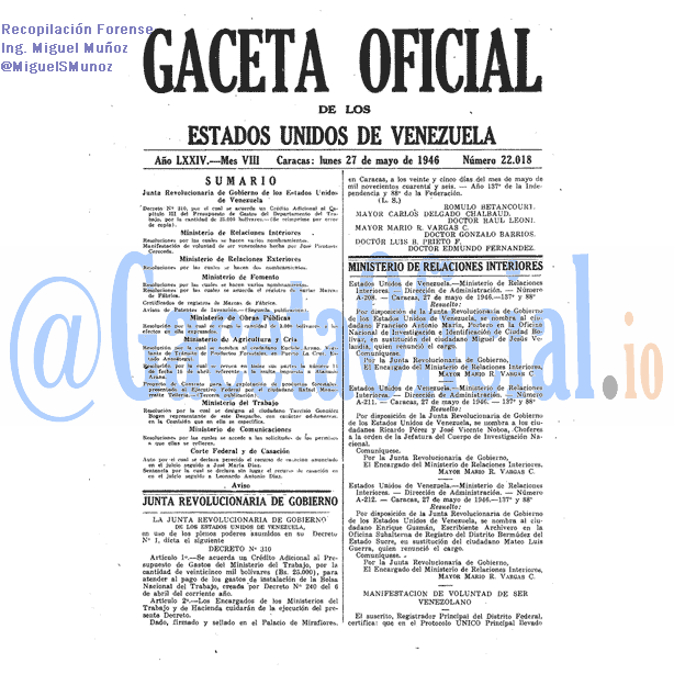 Gaceta Oficial 22018 del 27 Mayo 1946