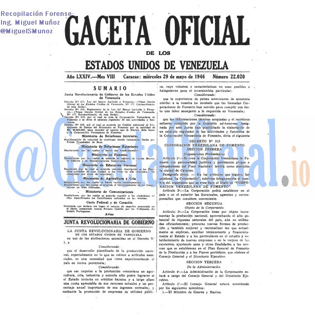 Gaceta Oficial 22020 del 29 Mayo 1946