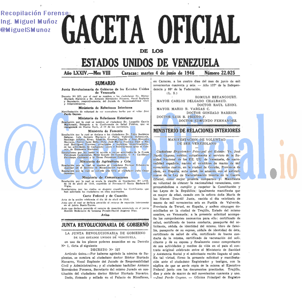 Gaceta Oficial 22025 del 4 Junio 1946