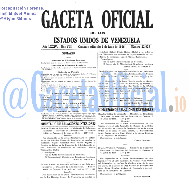 Gaceta Oficial 22026 del 5 Junio 1946