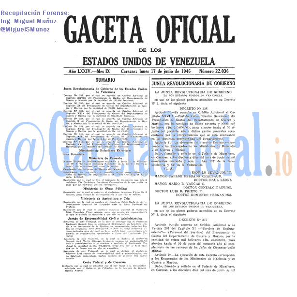 Gaceta Oficial 22036 del 17 Junio 1946