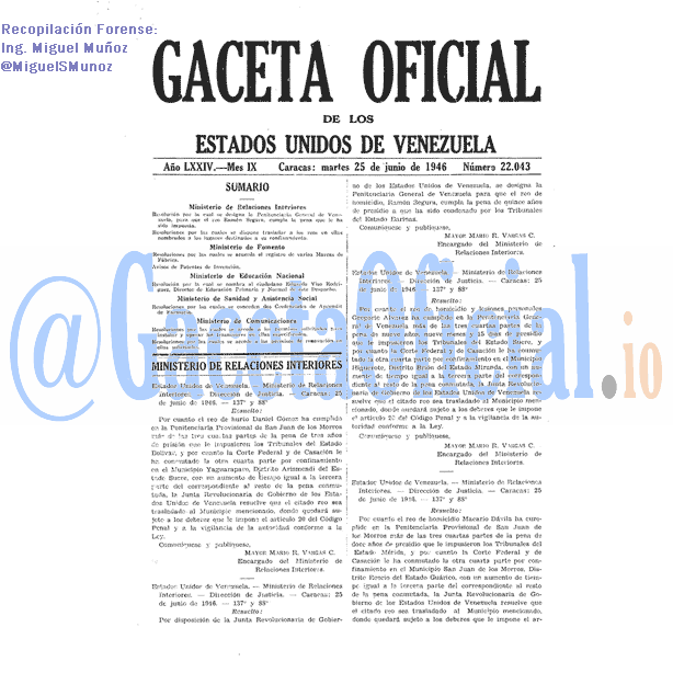 Gaceta Oficial 22043 del 25 Junio 1946