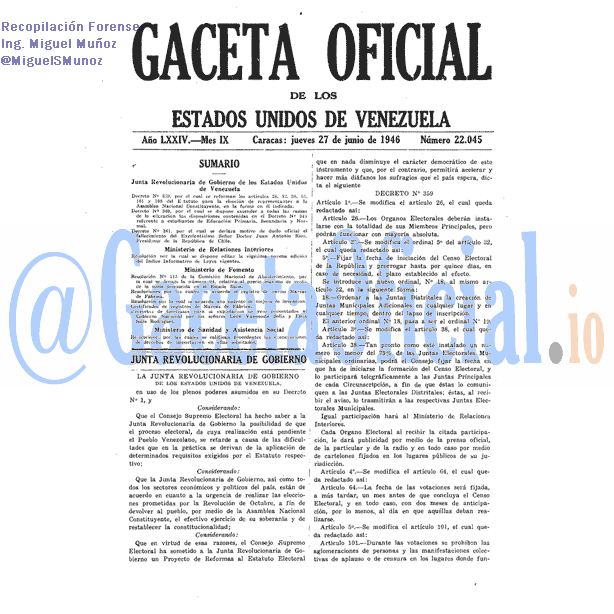 Gaceta Oficial 22045 del 27 Junio 1946