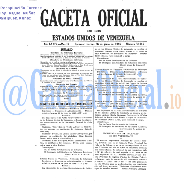 Gaceta Oficial 22046 del 28 Junio 1946