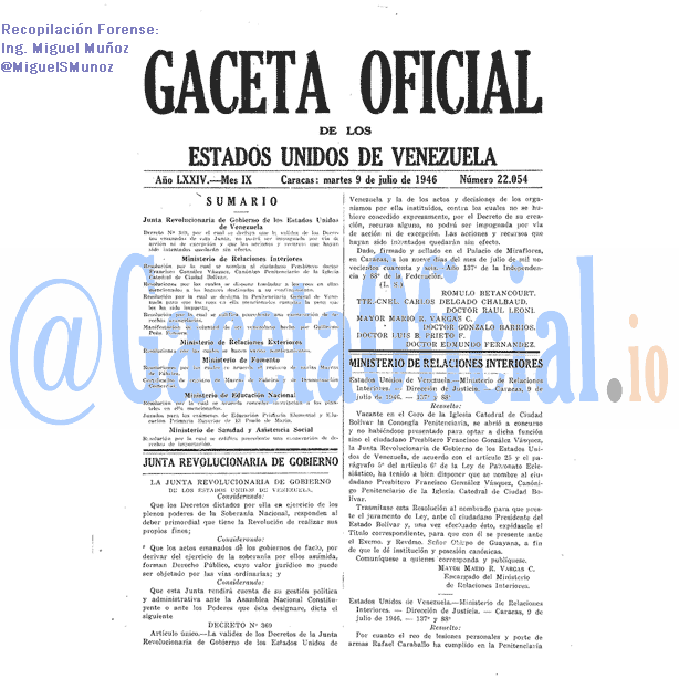 Gaceta Oficial 22054 del 9 Julio 1946