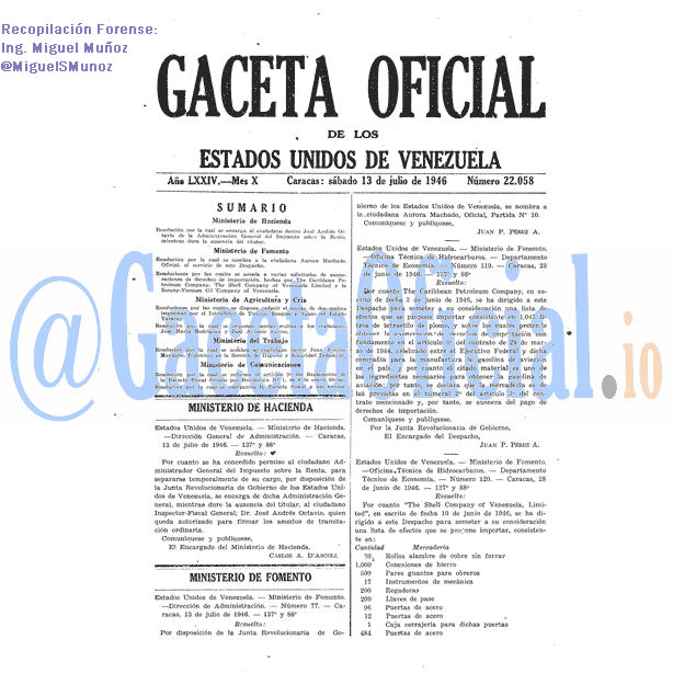 Gaceta Oficial 22058 del 13 Julio 1946