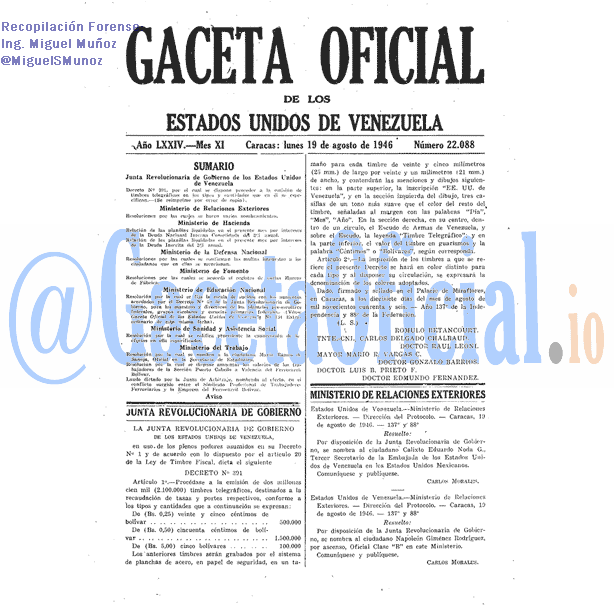 Gaceta Oficial 22088 del 19 Agosto 1946
