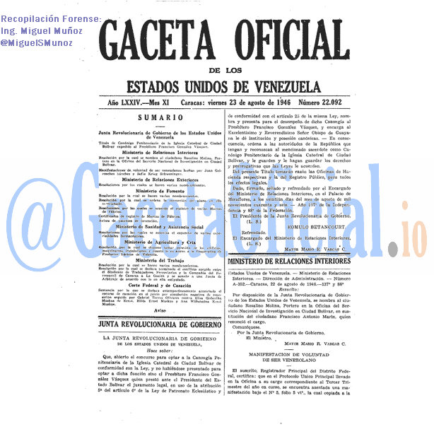 Gaceta Oficial 22092 del 23 Agosto 1946