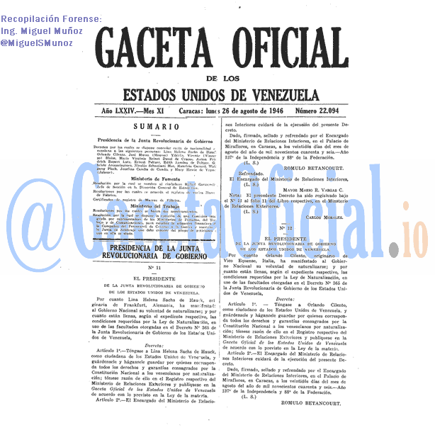 Gaceta Oficial 22094 del 26 Agosto 1946