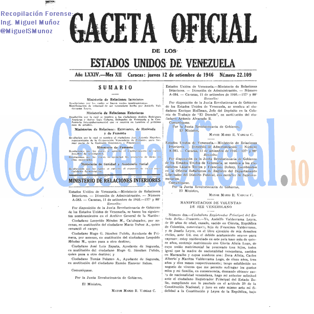 Gaceta Oficial 22109 del 12 Septiembre 1946