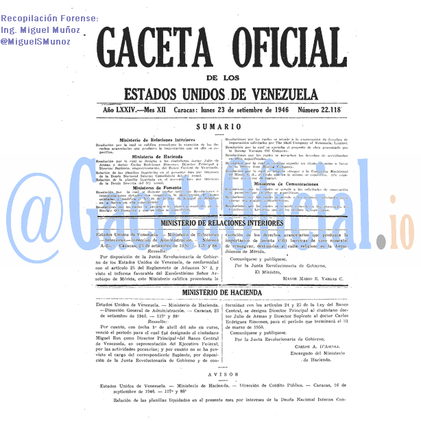 Gaceta Oficial 22118 del 23 Septiembre 1946