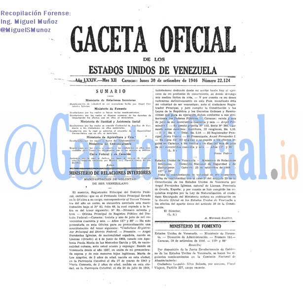 Gaceta Oficial 22124 del 30 Septiembre 1946