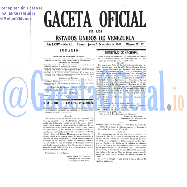 Gaceta Oficial 22127 del 3 Octubre 1946