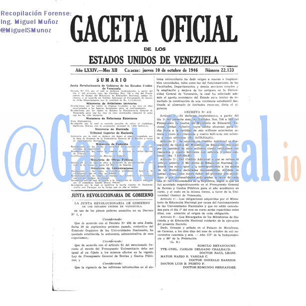 Gaceta Oficial 22133 del 10 Octubre 1946