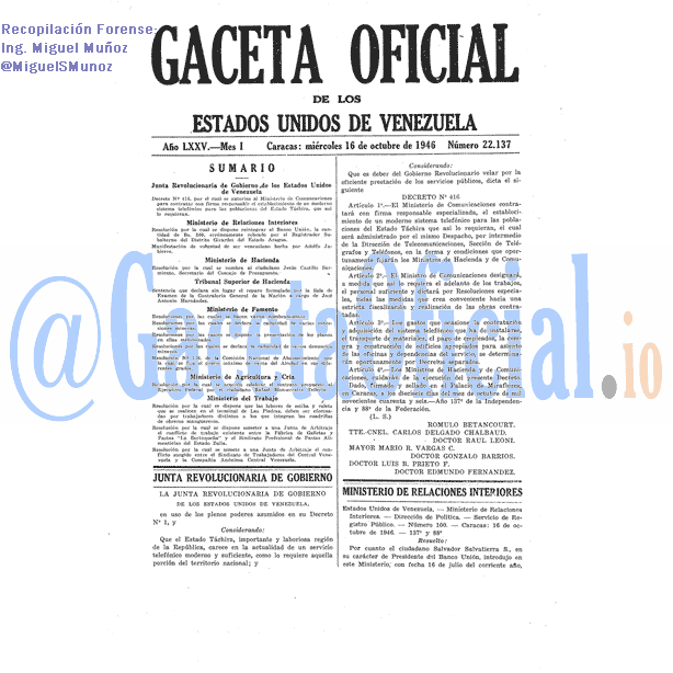 Gaceta Oficial 22137 del 16 Octubre 1946