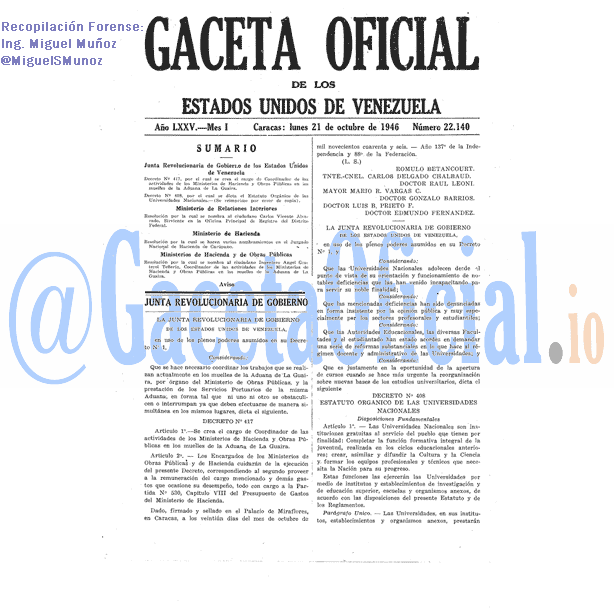 Gaceta Oficial 22140 del 21 Octubre 1946