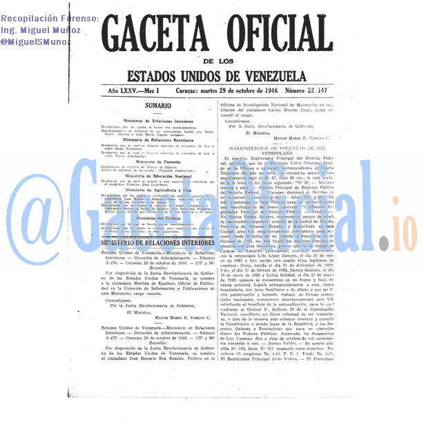 Gaceta Oficial 22147 del 29 Octubre 1946