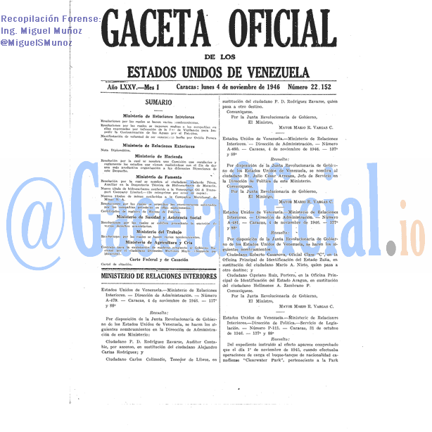 Gaceta Oficial 22152 del 4 Noviembre 1946