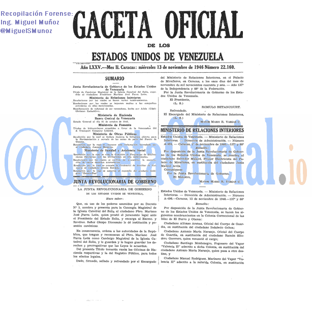 Gaceta Oficial 22160 del 13 Noviembre 1946
