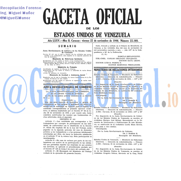 Gaceta Oficial 22168 del 22 Noviembre 1946