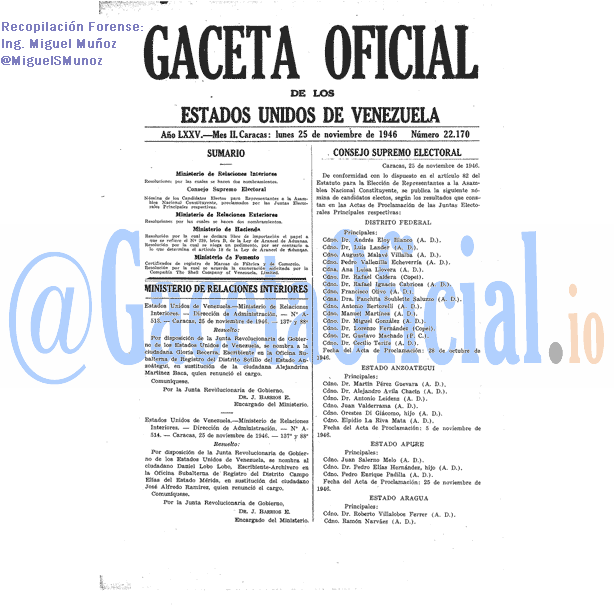 Gaceta Oficial 22170 del 25 Noviembre 1946