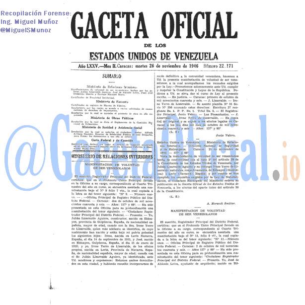 Gaceta Oficial 22171 del 26 Noviembre 1946