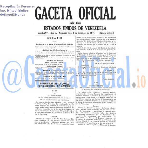 Gaceta Oficial 22182 del 9 Diciembre 1946