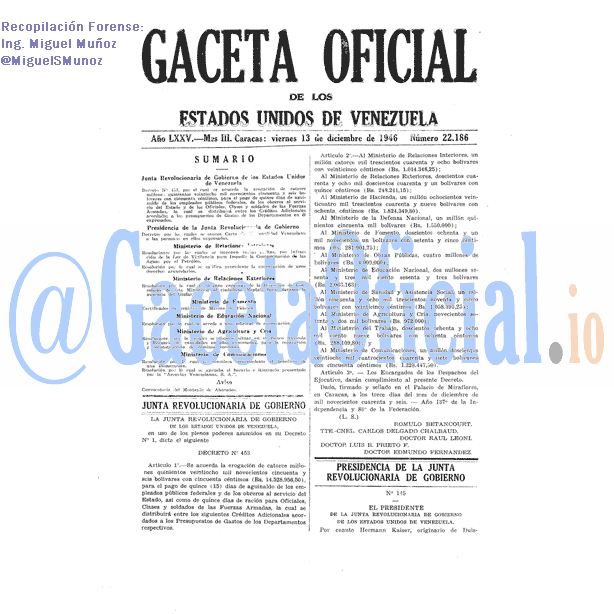 Gaceta Oficial 22186 del 13 Diciembre 1946