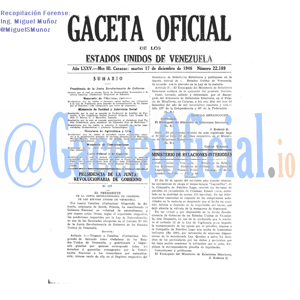 Gaceta Oficial 22189 del 17 Diciembre 1946