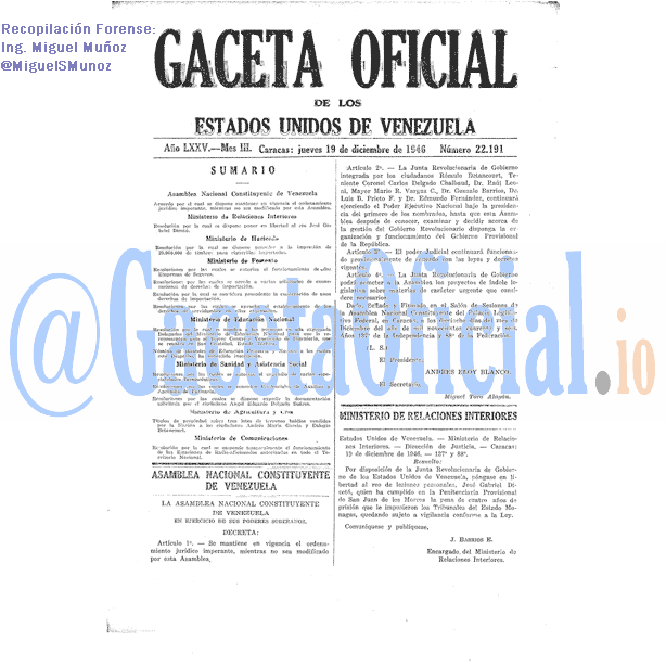 Gaceta Oficial 22191 del 19 Diciembre 1946