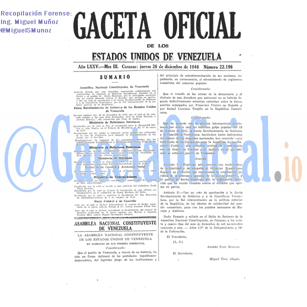 Gaceta Oficial 22196 del 26 Diciembre 1946